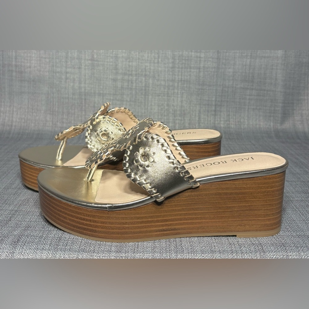Jack Rogers Kimberly Mid Wedge Thong Sandals Platinum Leather - Picture 4 of 7